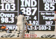 India - 387 for 4 vs England at Chennai in December 2008. BRIEF SCORES: England 316 (Andrew Strauss 123, Matt prior 53*, Harbhajan Singh 3-96, Amit Mishra 3-99) and 311-9 declared (Andrew Strauss 108, Paul Collingwood 108, Zaheer Khan 3-40, Ishant Sharma 3-57) LOST TO India 241 (MS Dhoni 53, Harbhajan Singh 40, Andrew Flintoff 3-49, Monty Panesar 3-65) and 387-4 (Sachin Tendulkar 103*, Yuvraj Singh 85*, Virender Sehwag 83, Graeme Swann 2-103).