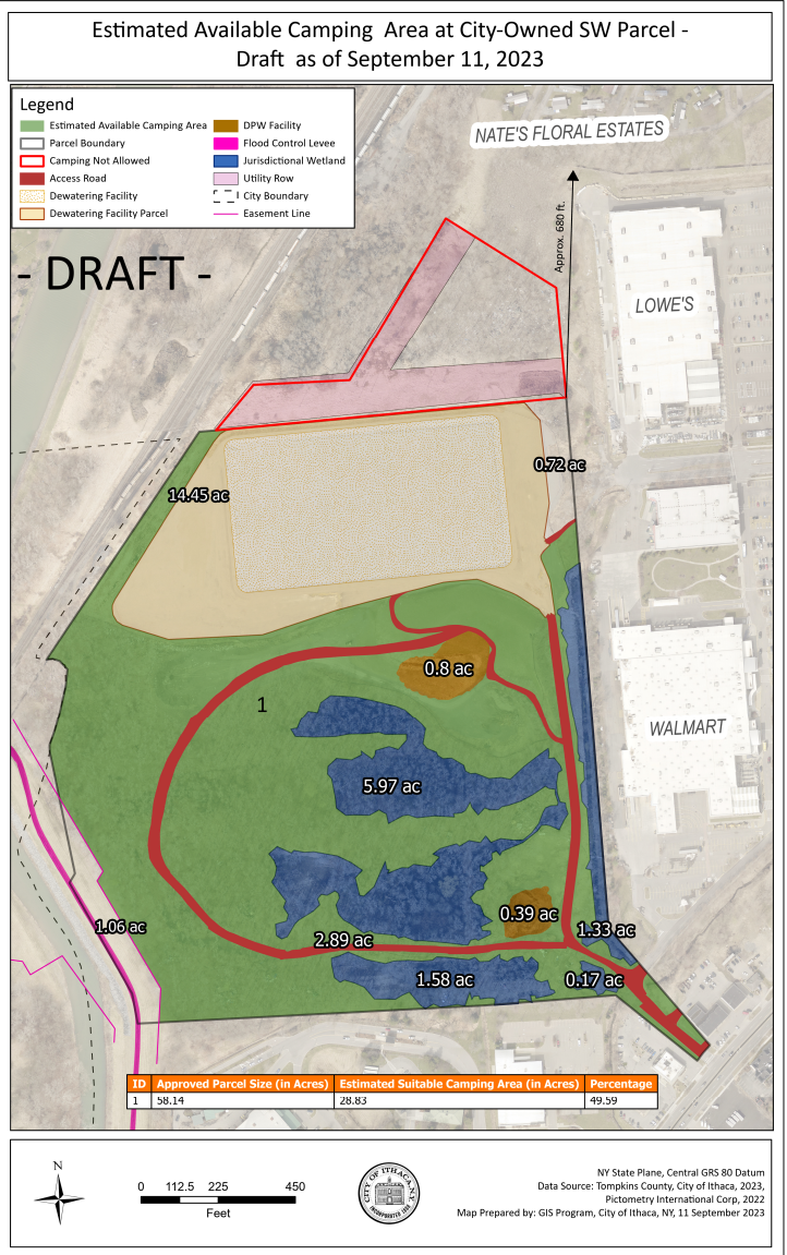 A draft map of the sanctioned encampment area outlined in the pilot policy approved by Ithaca Officials Sept. 20