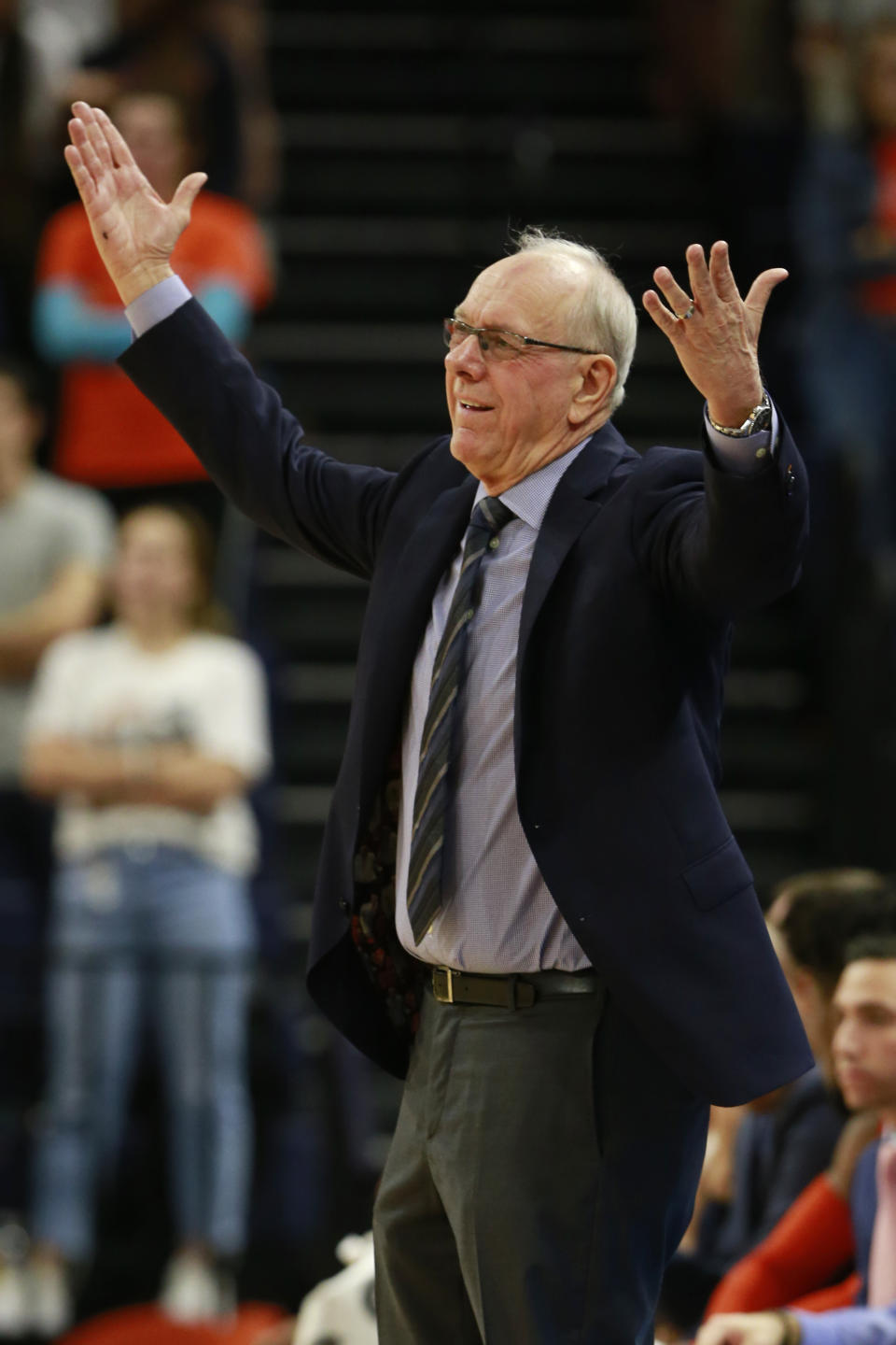 Syracuse head coach Jim Boeheim disputes a call during the first half of an NCAA college basketball game against Virginia in Charlottesville, Va., Saturday, Jan. 11, 2020. (AP Photo/Steve Helber)