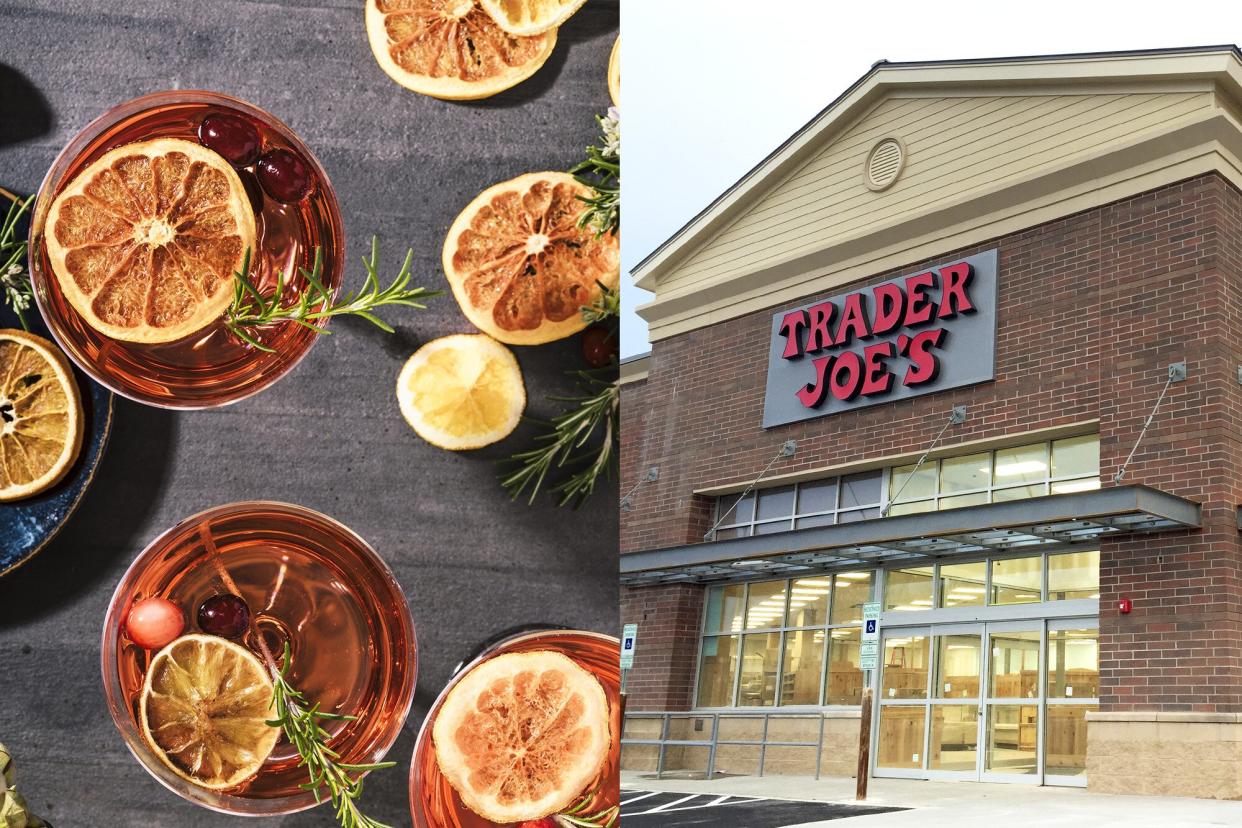 a diptych of cocktails with a orange, herb, and cranberry garnish on the left and a storefront of a Trader Joe's on the right