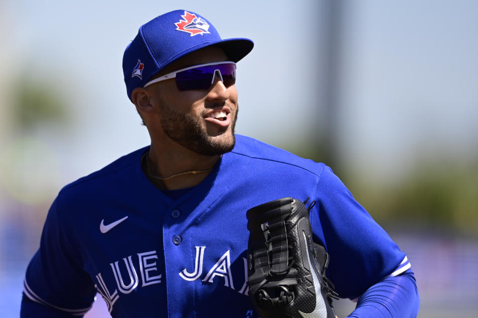 DUNEDIN, FLORIDA - MARCH 13: George Springer #4 of the Toronto Blue Jays jogs off the field during the first inning against the Baltimore Orioles during a spring training game at TD Ballpark on March 13, 2021 in Dunedin, Florida. (Photo by Douglas P. DeFelice/Getty Images)