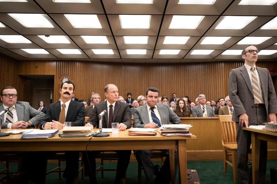 From left to right: Wilmington's Neil Casey, Justin Theroux, Woody Harrelson and David Krumholtz sit at a courthouse table in a scene from HBO's "White House Plumbers," released earlier this year.