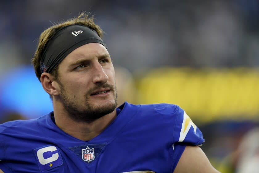 Los Angeles Chargers defensive end Joey Bosa during the second half of an NFL football game against the New York Giants Sunday, Dec. 12, 2021, in Inglewood, Calif. (AP Photo/Gregory Bull)