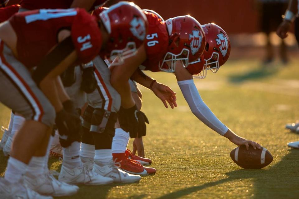 Biloxi prepares for the snap during a Jamboree game at Biloxi High School on Friday, Aug. 18, 2023.