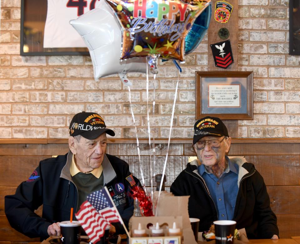 The Mission BBQ restaurant helped World War II veterans Harry "Pete" Shaw Jr., left, and Ralph Dunnerstick celebrate their birthdays in 2021. Shaw, 98, died on Dec. 9.