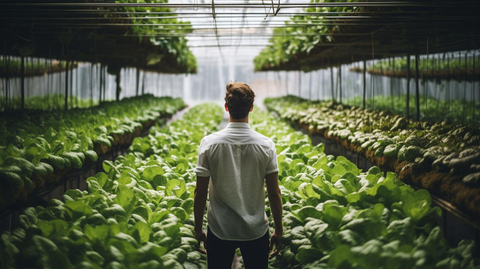 A farmer standing in a lush field of vegetables that has been enhanced by the company's hydroponic products.