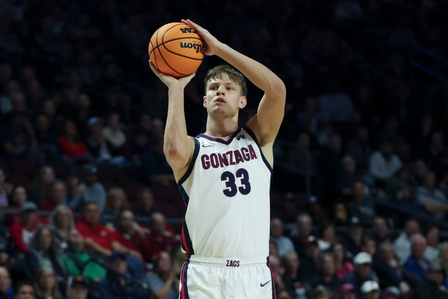 <em>Gonzaga forward Ben Gregg shoots during the second half of an NCAA college basketball game against San Francisco in the semifinals of the West Coast Conference men’s tournament Monday, March 11, 2024, in Las Vegas. (AP Photo/Ellen Schmidt)</em>