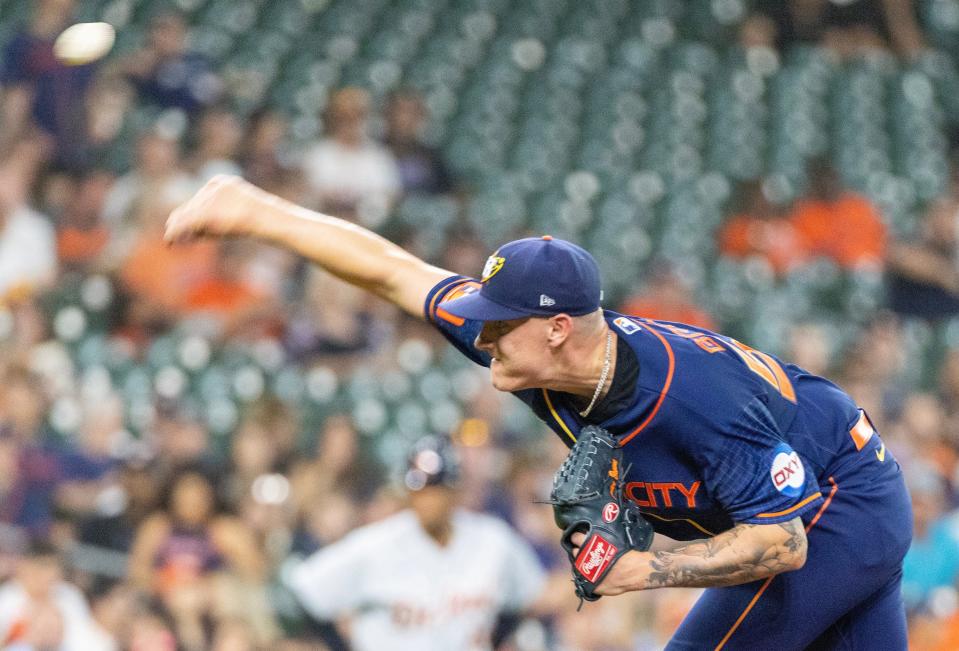 Houston Astros starting pitcher Hunter Brown (58) pitches against the Detroit Tigers in the first inning at Minute Maid Park in Houston on Monday, April 3, 2023.