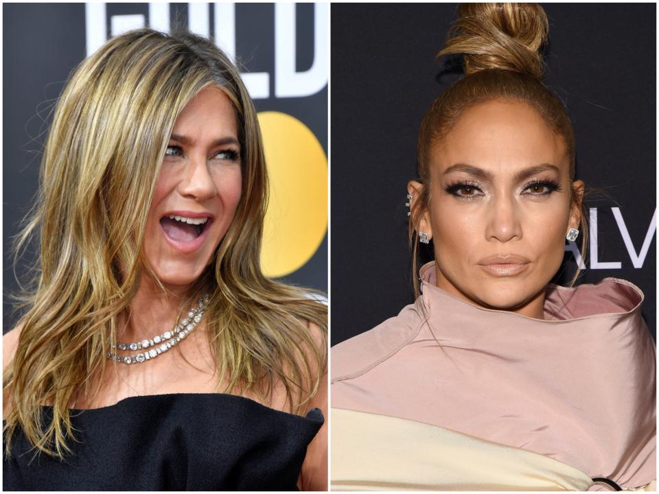 Jennifer Aniston and Jennifer Lopez strike very different red carpet poses (Frazer Harrison/Michael Kovac/Getty Images)