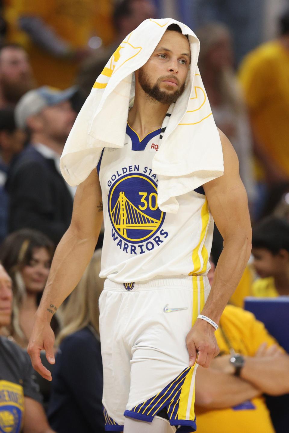 Stephen Curry #30 of the Golden State Warriors looks on during the second quarter against the Boston Celtics in Game Five of the 2022 NBA Finals at Chase Center on June 13, 2022 in San Francisco, California.