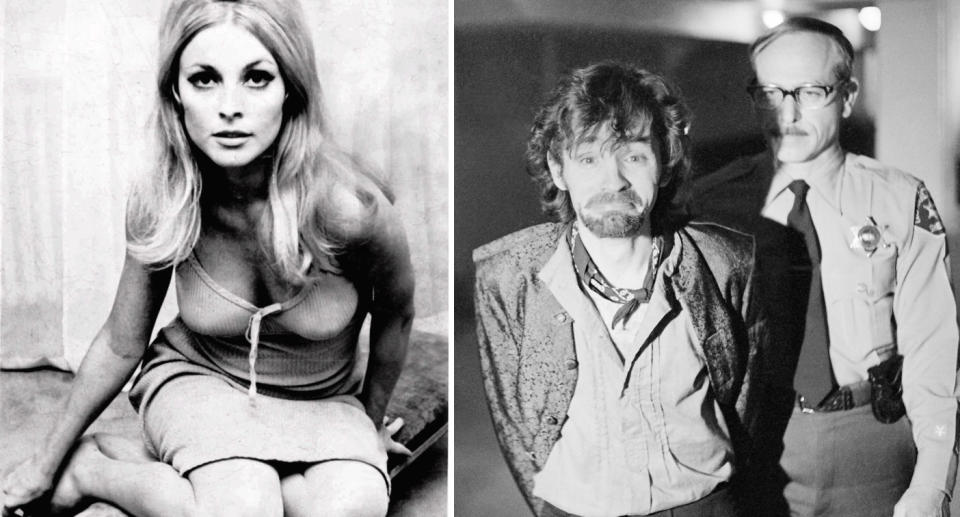 A split image shows Sharon Tate leaning towards the camera (left). And Charles Manson smirks while being taken into custody by police in 1970 (right). 