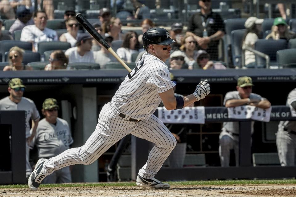 New York Yankees third baseman Josh Donaldson (28) makes a swinging strike on a pitch during the third inning of a baseball game against Chicago White Sox, Saturday May 21, 2022, in New York. (AP Photo/Bebeto Matthews)