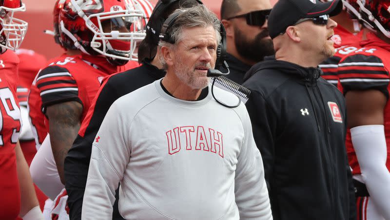 Utah Utes head coach Kyle Whittingham watches action against Oregon in Salt Lake City on Saturday, Oct. 28, 2023. Oregon won 35-6.