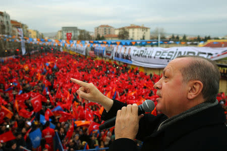 Turkish President Tayyip Erdogan addresses his supporters in Usak, Turkey January 20, 2018. Kayhan Ozer/Presidential Palace/Handout via REUTERS