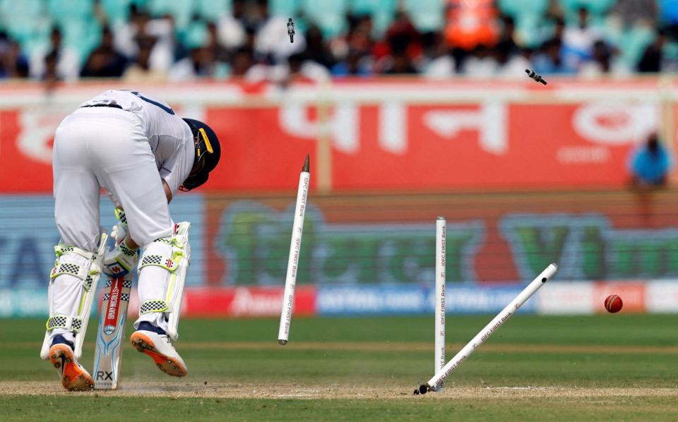 Ollie Pope is bowled in spectacular fashion by Jasprit Bumrah