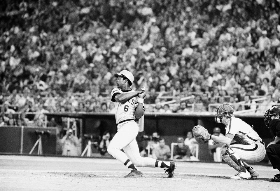FILE - Pittsburgh Pirates' Rennie Stennett hits one of three singles as the Pirates beat the Philadelphia Phillies 9-1 in Philadelphia, in this Sept. 18, 1975, file photo. Rennie Stennett has died. He was 72. The team, citing information provided by the Stennett family, said Stennett passed away early Tuesday morning, May 18, 2021, following a bout with cancer. (AP Photo/Rusty Kennedy, File)