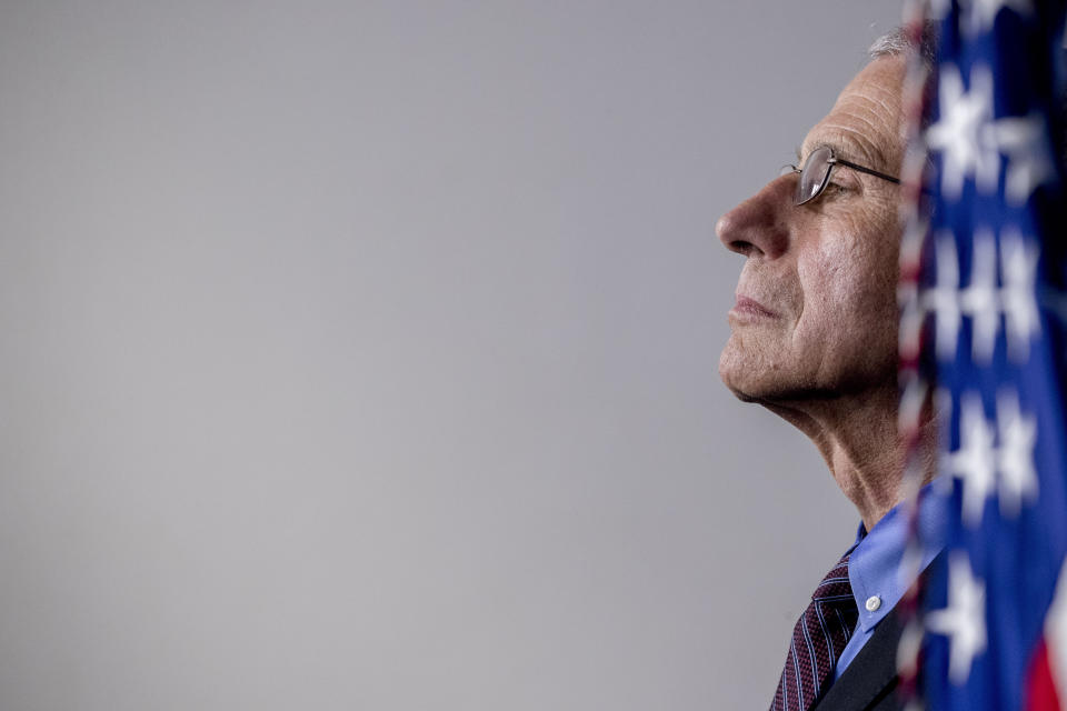 FILE - In this April 9, 2020, file photo, Dr. Anthony Fauci, director of the National Institute of Allergy and Infectious Diseases, appears at a news conference about the coronavirus in the James Brady Press Briefing Room of the White House in Washington. Suddenly expertise matters. In the time of coronavirus, America turns its worried eyes to Dr. Fauci and other experts. That's a big shift after decades of the public and its leaders downplaying the advice from scientists and other experts on everything from climate change to disaster planning. (AP Photo/Andrew Harnik, File)