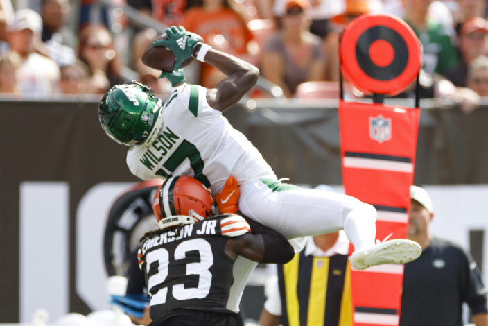 New York Jets wide receiver Garrett Wilson (17) has a pass broken up by Cleveland Browns cornerback Martin Emerson Jr. (23) during the second half of an NFL football game, Sunday, Sept. 18, 2022, in Cleveland. (AP Photo/Ron Schwane)