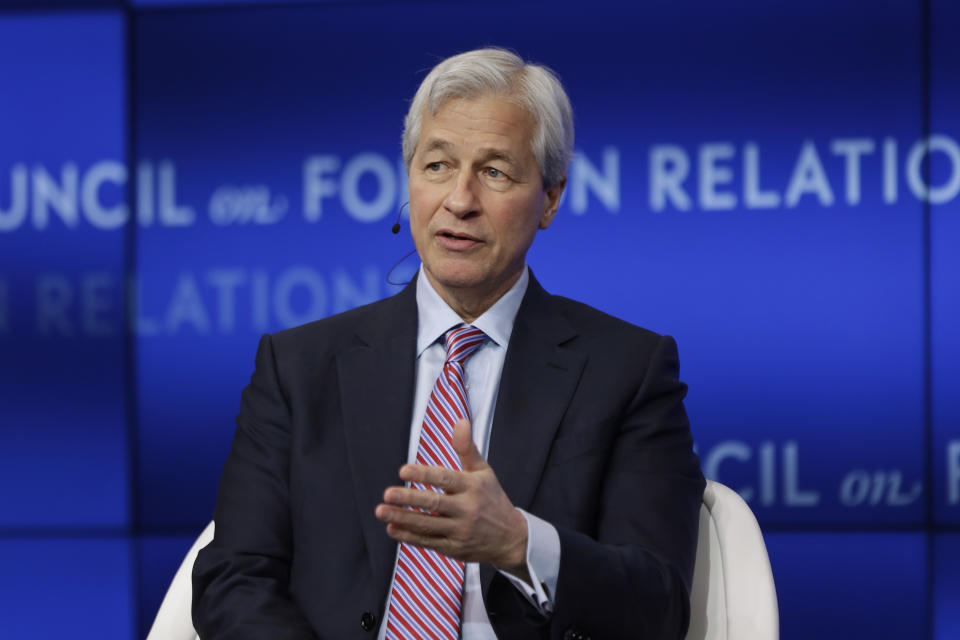 Jamie Dimon, Chairman and CEO, JPMorgan Chase, speaks at the Council on Foreign Relations Thursday, April 4, 2019, in New York. (AP Photo/Frank Franklin II)