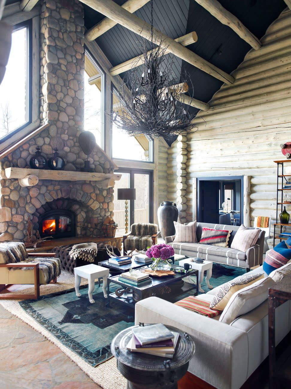 a living room with a fireplace