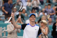 Jannik Sinner, of Italy, acknowledges the crowd after defeating Daniil Medvedev, of Russia, in a semifinal match at the Miami Open tennis tournament, Friday, March 29, 2024, in Miami Gardens, Fla. (AP Photo/Lynne Sladky)