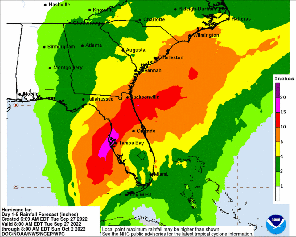 Rainfall forecast for Hurricane Ian as of 8 a.m. Tuesday