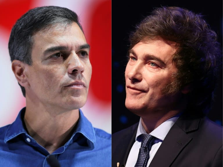 Pedro Sanchez (L) withdrew Madrid's ambassador to Buenos Aires after Argentina President Javier Milei refused to apologise for calling his wife 'corrupt' (Pau BARRENA)