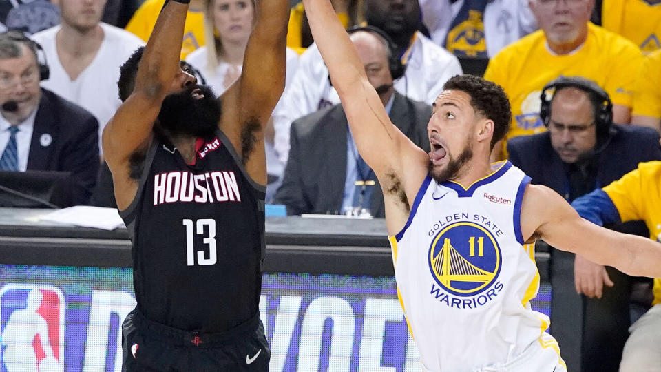 James Harden battled with Klay Thompson all night. Pic: AAP