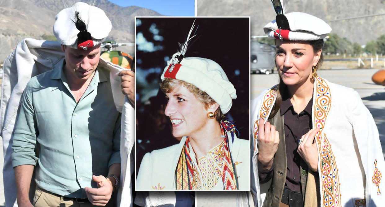 Prince William (left) and Duchess Kate received traditional Chitrali hats, just like Princess Diana in 1991 (inset). [Photo: Getty]
