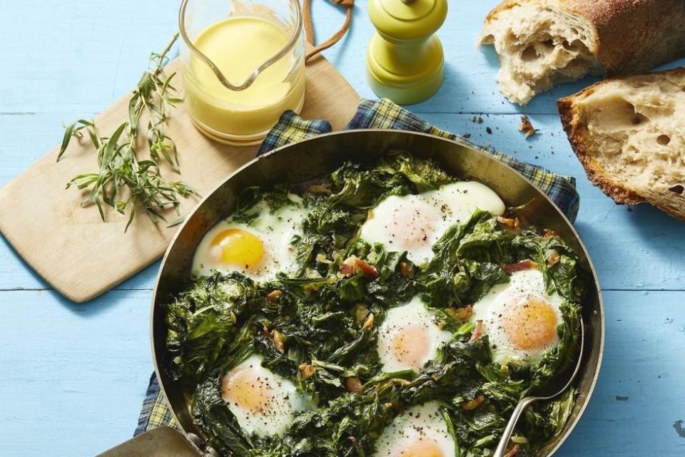 29) Skillet Eggs with Mustard Greens and Hollandaise