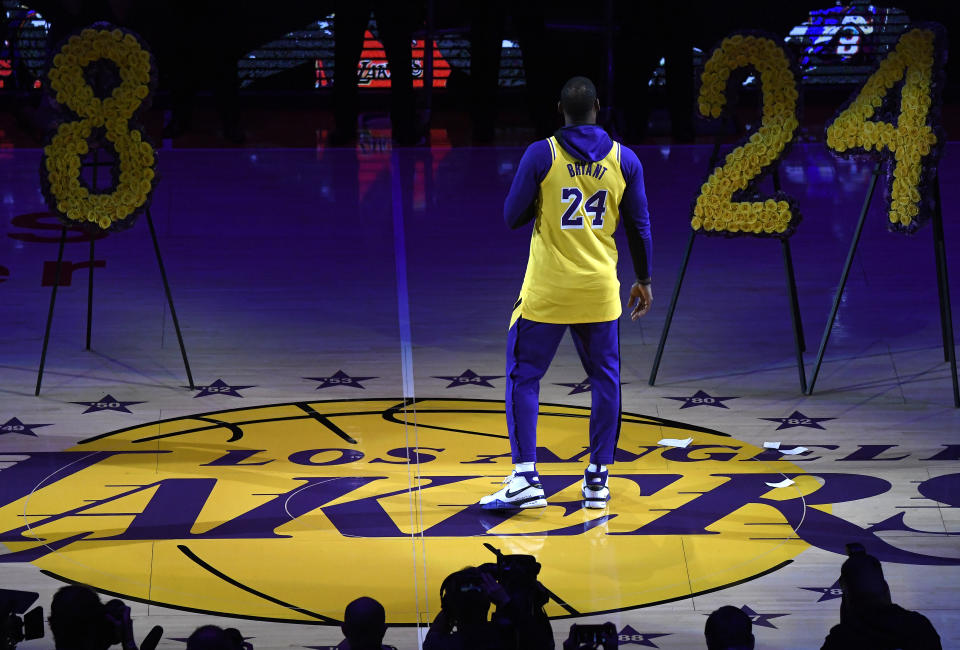 LOS ANGELES, CALIFORNIA - JANUARY 31:  LeBron James #23 of the Los Angeles Lakers speaks during the Los Angeles Lakers pregame ceremony to honor Kobe Bryant before the game against the Portland Trail Blazers at Staples Center on January 31, 2020 in Los Angeles, California. (Photo by Kevork Djansezian/Getty Images)