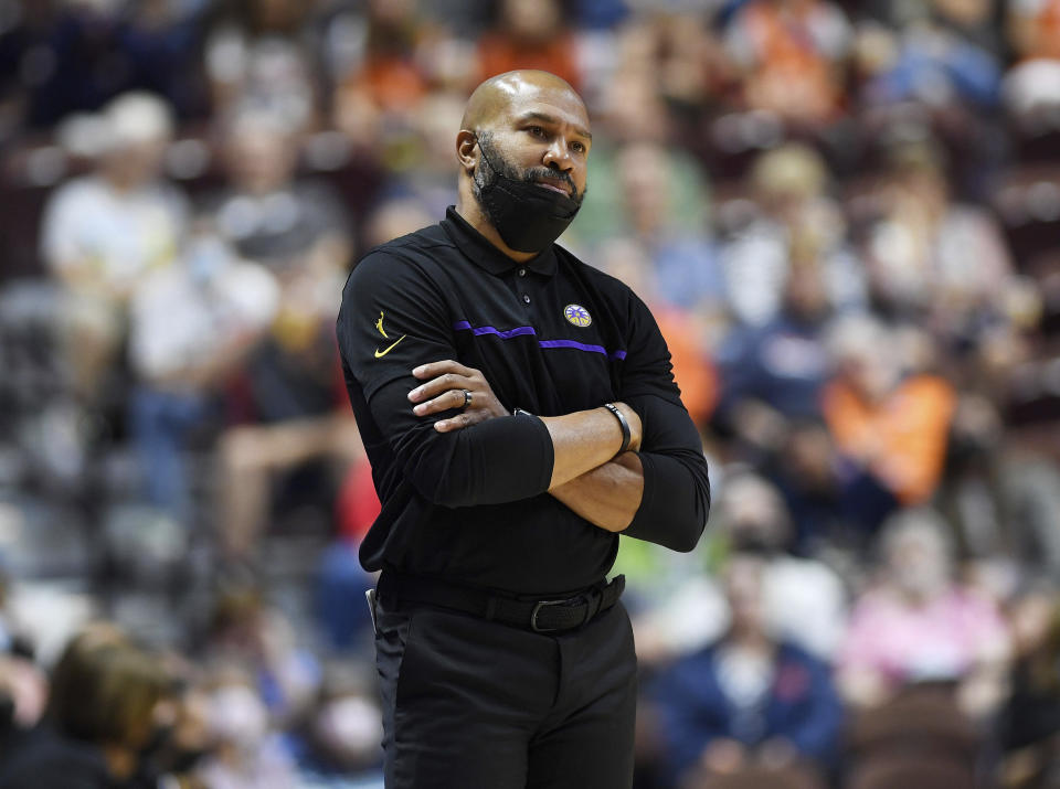 Los Angeles Sparks coach Derek Fisher reacts to the officiating during the team's WNBA basketball game against the Connecticut Sun on Saturday, Aug. 28, 2021, in Uncasville, Conn. (Sean D. Elliot/The Day via AP)