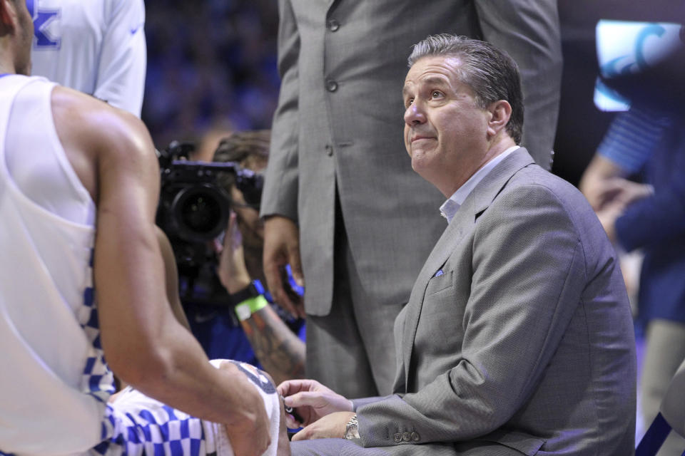 Kentucky head coach John Calipari directs his team during an NCAA college basketball game against Alabama, Saturday, Feb. 16, 2018, in Lexington, Ky. Kentucky won 81-71. (AP Photo/James Crisp)