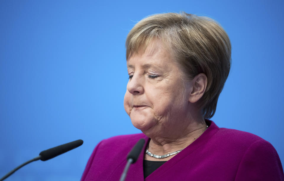 German Christian Democratic Party, CDU, chairwoman and Chancellor Angela Merkel addresses the media during a news conference after a party's leaders meeting at the headquarters the in Berlin, Germany, Monday, Oct. 29, 2018.( Bernd von Jutrczenka/dpa via AP)