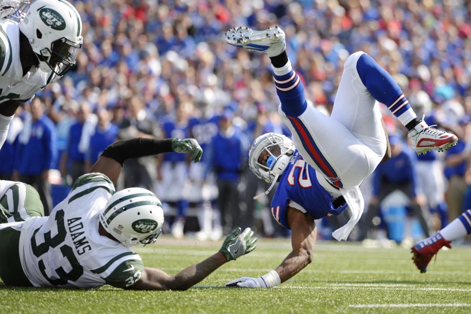 <p>Buffalo Bills running back LeSean McCoy (25) is tackled by New York Jets’ Jamal Adams (33) as Muhammad Wilkerson (96) watches during the second half of an NFL football game Sunday, Sept. 10, 2017, in Orchard Park, N.Y. (AP Photo/Adrian Kraus) </p>