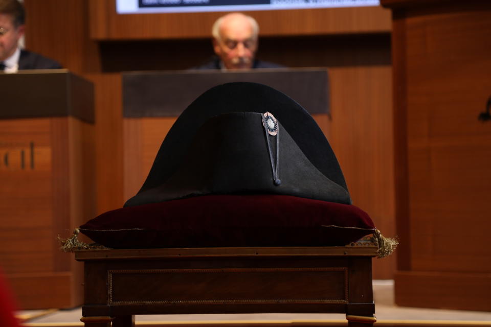 PARIS, FRANCE - NOVEMBER 19: The bicorne black beaver hat belonging to Napoleon Bonaparte when he ruled the French empire in the 19th century, is seen during the auction sale in Paris, France on November 19, 2023. The hat has been sold for 1.9m at auction. (Photo by Mohamad Salaheldin Abdelg Alsayed/Anadolu via Getty Images)