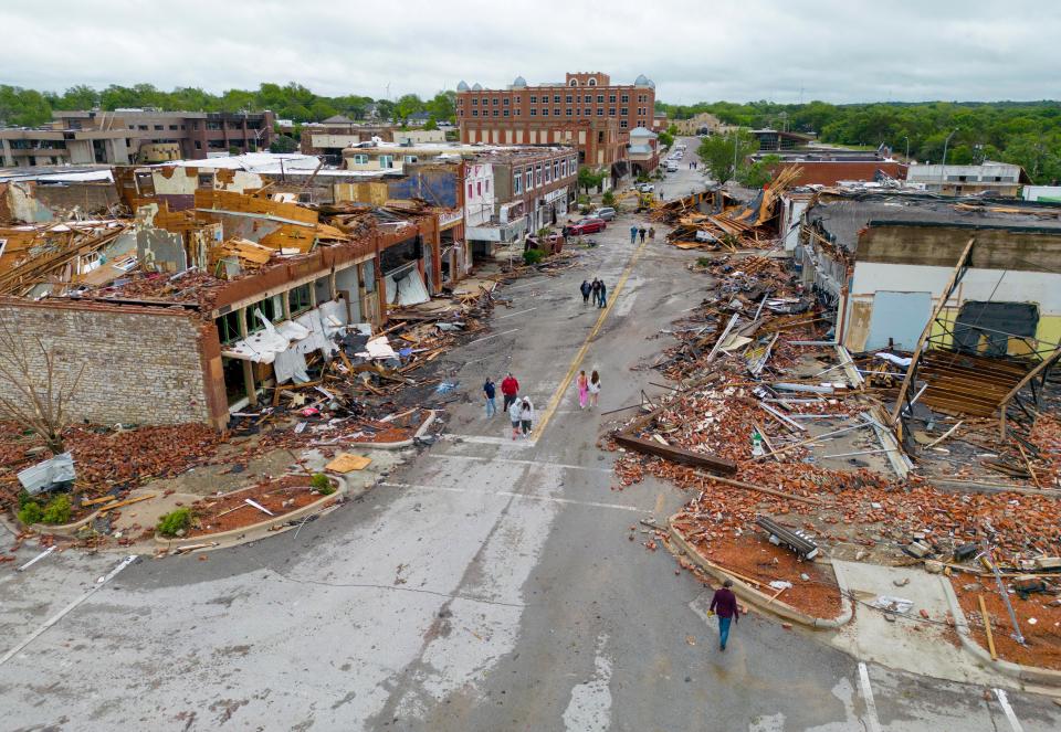 Damaged buildings in downtown Sulphur pictured on Sunday. Oklahoma Governor Kevin Stitt said the storms destroyed nearly all downtown businesses (via REUTERS)