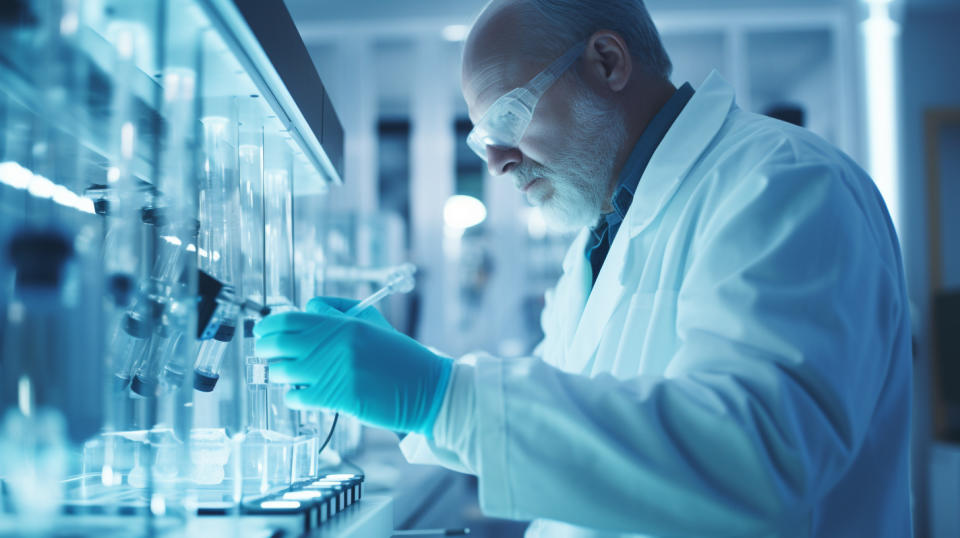 A scientist wearing a lab coat and gloves handling a medical device in a laboratory.