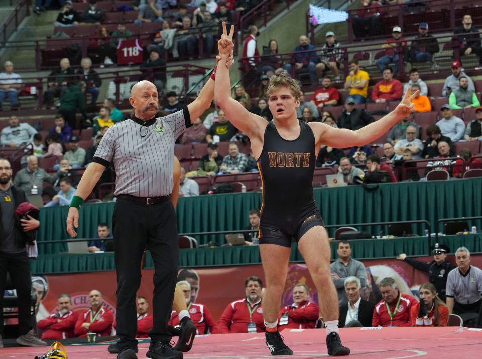 Westerville North’s Connor Euton wins the 157 weight class for Division I during the OHSAA wrestling finals at the Schottenstein Center in Columbus, Ohio, on Sunday, March 13, 2022. 