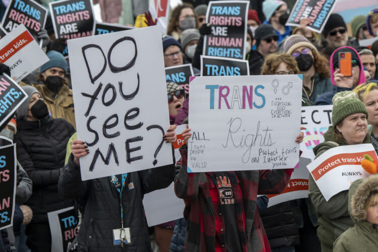 St. Paul, Minnesota. March 6, 2022. Because the attacks against transgender kids are increasing across the country Minneasotans hold a rally at the capitol to support trans kids in Minnesota, Texas, and around the country. (Michael Siluk/UCG/Universal Images Group via Getty Images)