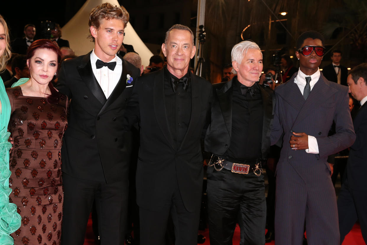 CANNES, FRANCE - MAY 25: (L-R) Priscilla Presley, Austin Butler, Tom Hanks, Baz Luhrmann and Alton Mason  depart the screening of 