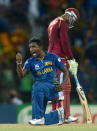 COLOMBO, SRI LANKA - OCTOBER 07: Ajantha Mendis of Sri Lanka celebrates dismissing Andre Russell of the West Indies during the ICC World Twenty20 2012 Final between Sri Lanka and the West Indies at R. Premadasa Stadium on October 7, 2012 in Colombo, Sri Lanka. (Photo by Gareth Copley/Getty Images)