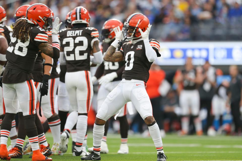 Cleveland Browns center back Greg Newsome II (0) celebrates against the Los Angeles Rams on Dec. 3, 2023, in Inglewood, Calif.