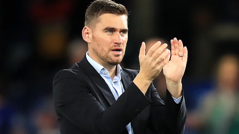 Grimsby Town manager Michael Jolley applauds the fans after the Carabao Cup, Third Round match at Stamford Bridge, London. (Photo by Simon Cooper/PA Images via Getty Images)