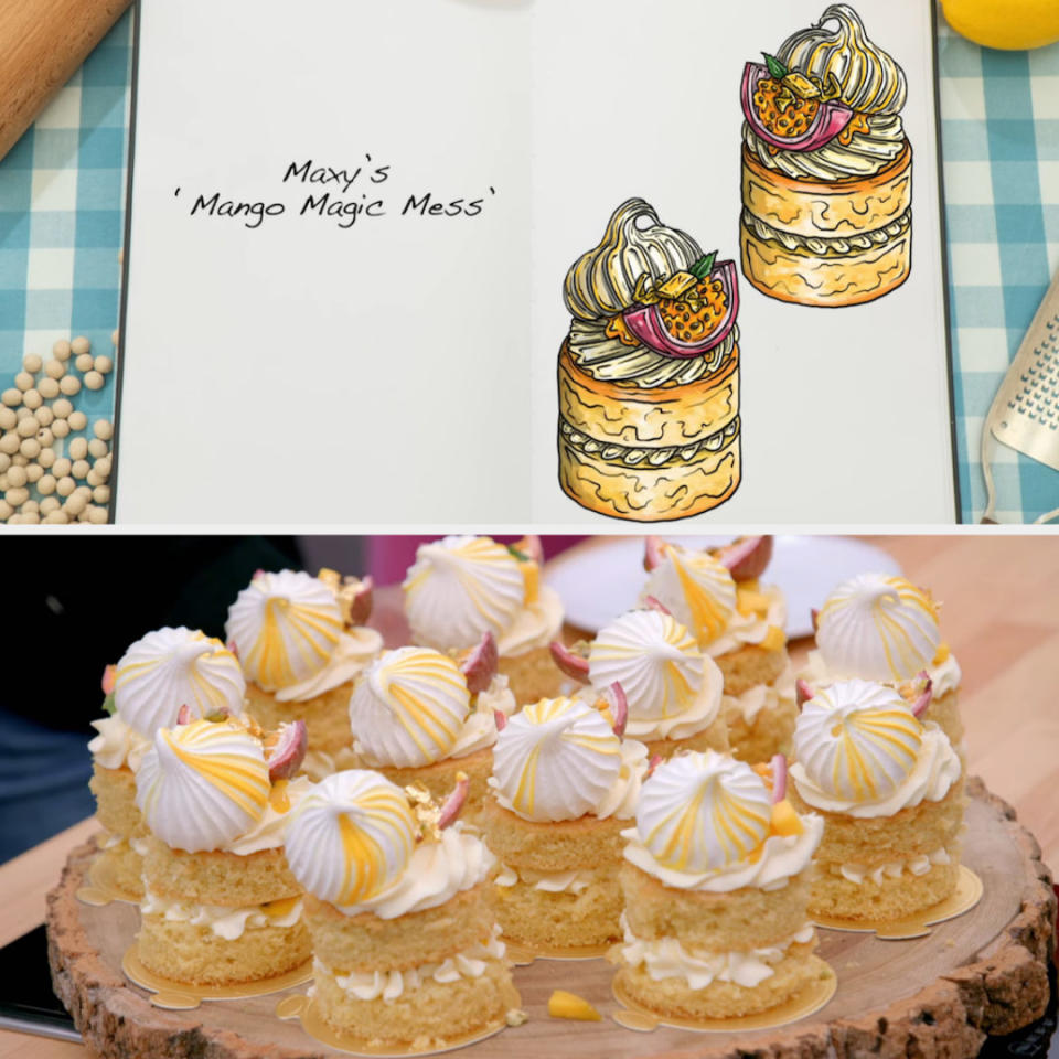 Drawing of Maxy's mini cakes side by side with the actual bake