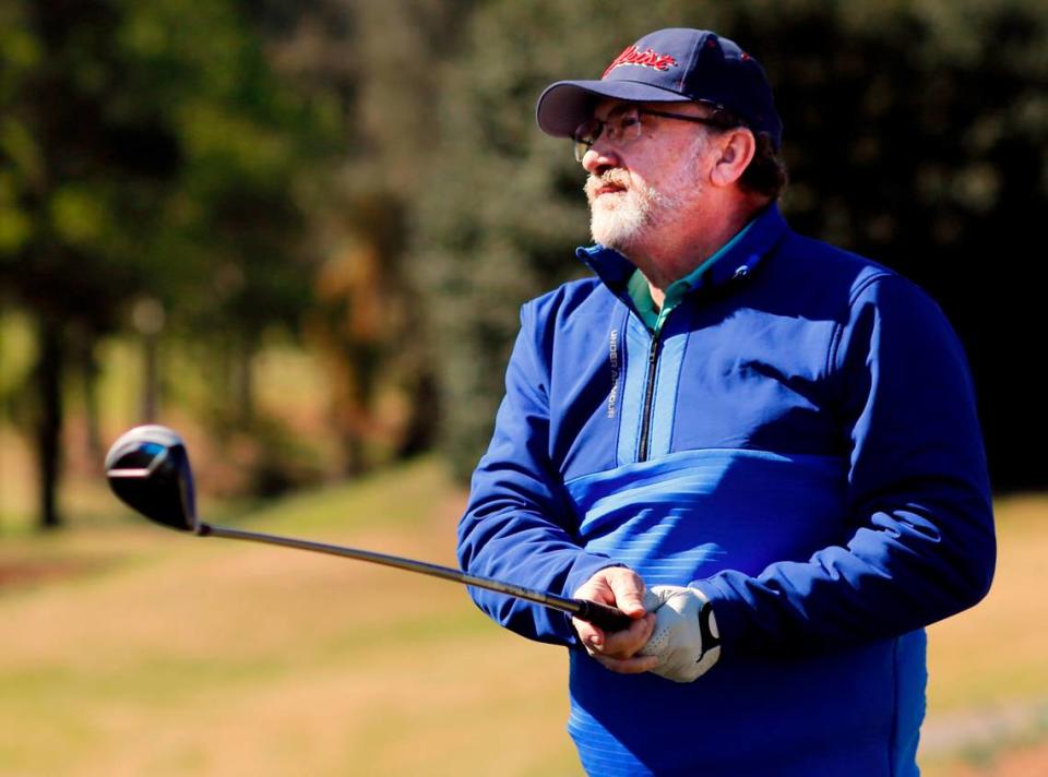 Greg Hooper tees off the first hole of the Green Island Country Club golf course to begin a practice round Monday morning. 03/20/2023