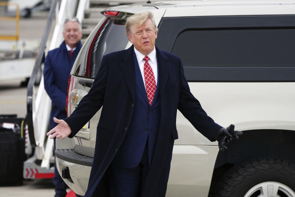 Former US president Donald Trump arrives at Aberdeen International Airport ahead of his visit to the Trump International Golf Links Aberdeen, in Dyce, Aberdeen, Scotland, Monday May 1, 2023. (Jane Barlow/PA via AP)