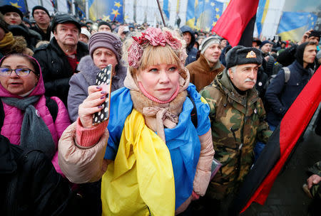 Supporters of former Georgian President Mikheil Saakashvili attend a rally in central Kiev, Ukraine December 10, 2017. REUTERS/Gleb Garanich