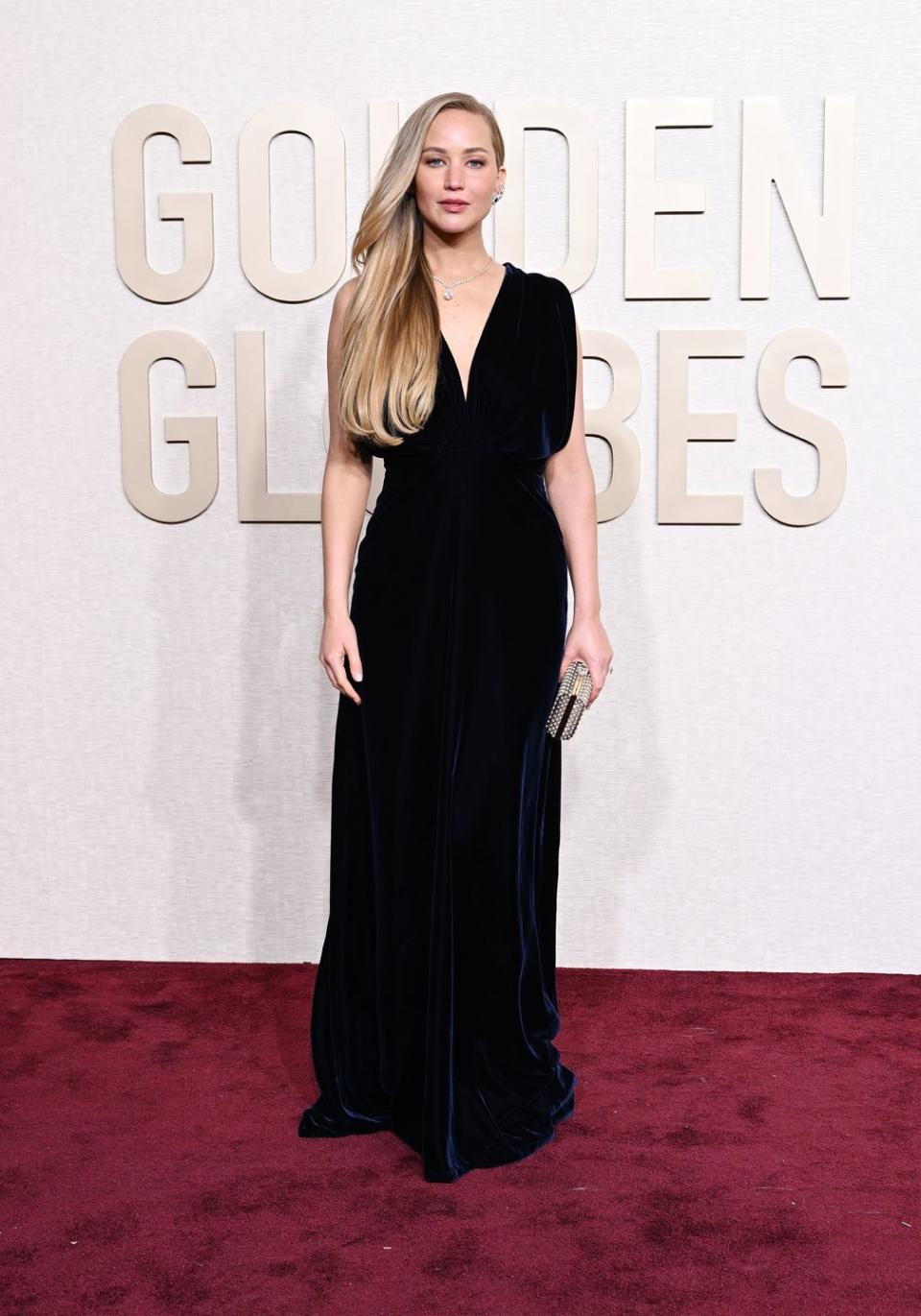 Jennifer Lawrence attending the 81st Annual Golden Globe Awards held at the Beverly Hilton Hotel in Beverly Hills, California on January 7, 2024 Photo by Gilbert Flores Golden Globes 2024 Golden Globes 2024 via Getty Images