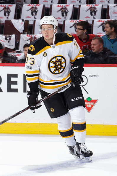 OTTAWA, ON – APRIL 12: Charlie McAvoy #73 of the Boston Bruins skates during warm-ups prior to making his his NHL debut against the Ottawa Senators in Game One of the Eastern Conference First Round during the 2017 NHL Stanley Cup Playoffs at Canadian Tire Centre on April 12, 2017 in Ottawa, Ontario, Canada. (Photo by Jana Chytilova/Freestyle Photography/Getty Images)